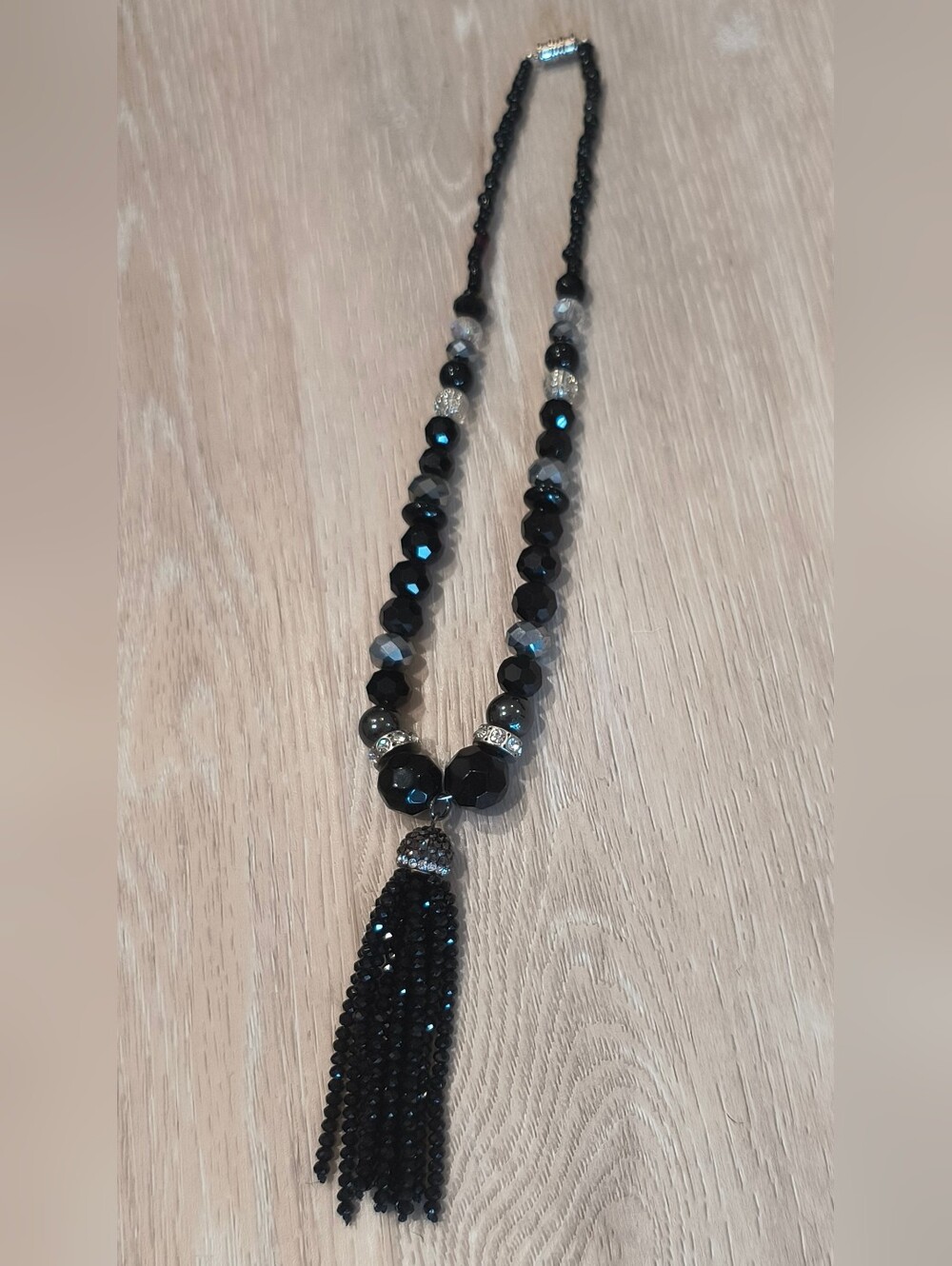 Handcrafted Black, Silver and Clear Beaded Necklace